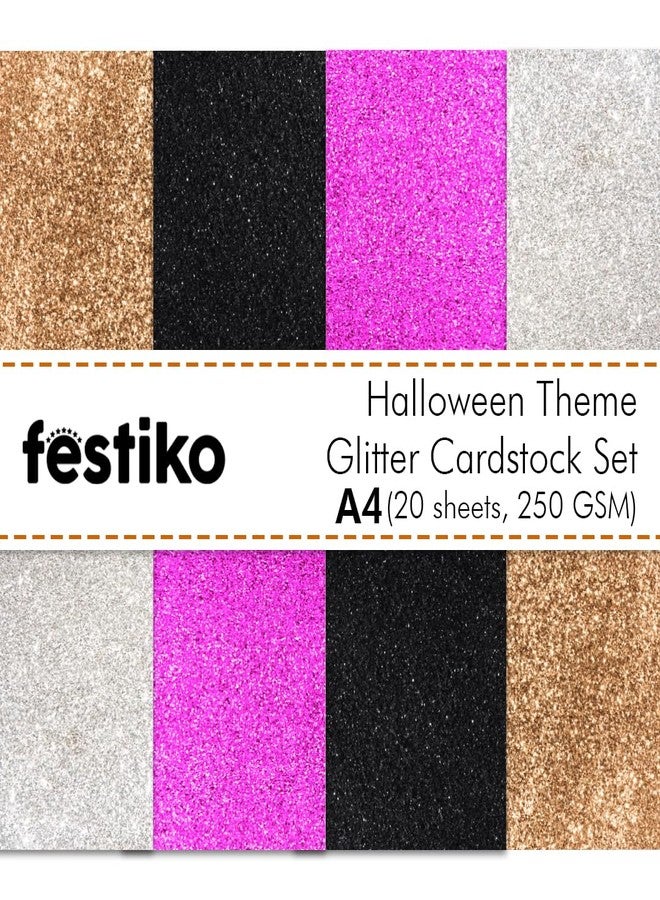 Festiko® Black/Pink/Bronze/Silver Glitter Cardstock Sheets For Halloween (Pack of 20, A4, 250 Gsm), Premium Glitter Paper for Crafts, A4 Glitter Card Stock for DIY Projects - Image 1